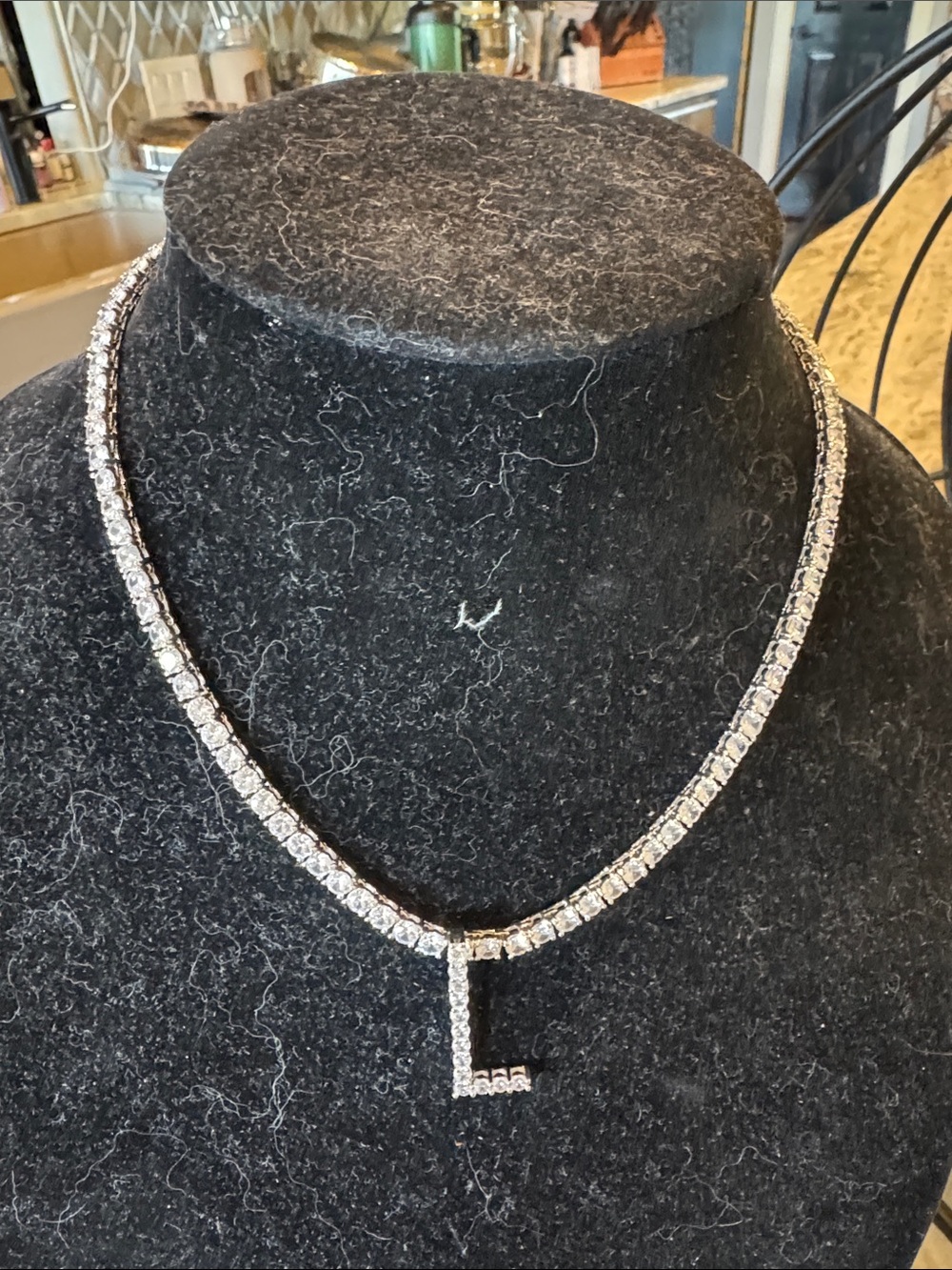 Silver Crystal Tennis Necklace with L Initial Pendant